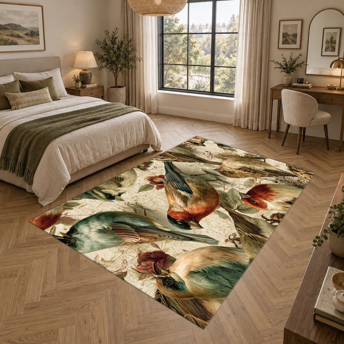 Cream Vintage Songbird Pattern printed area rug