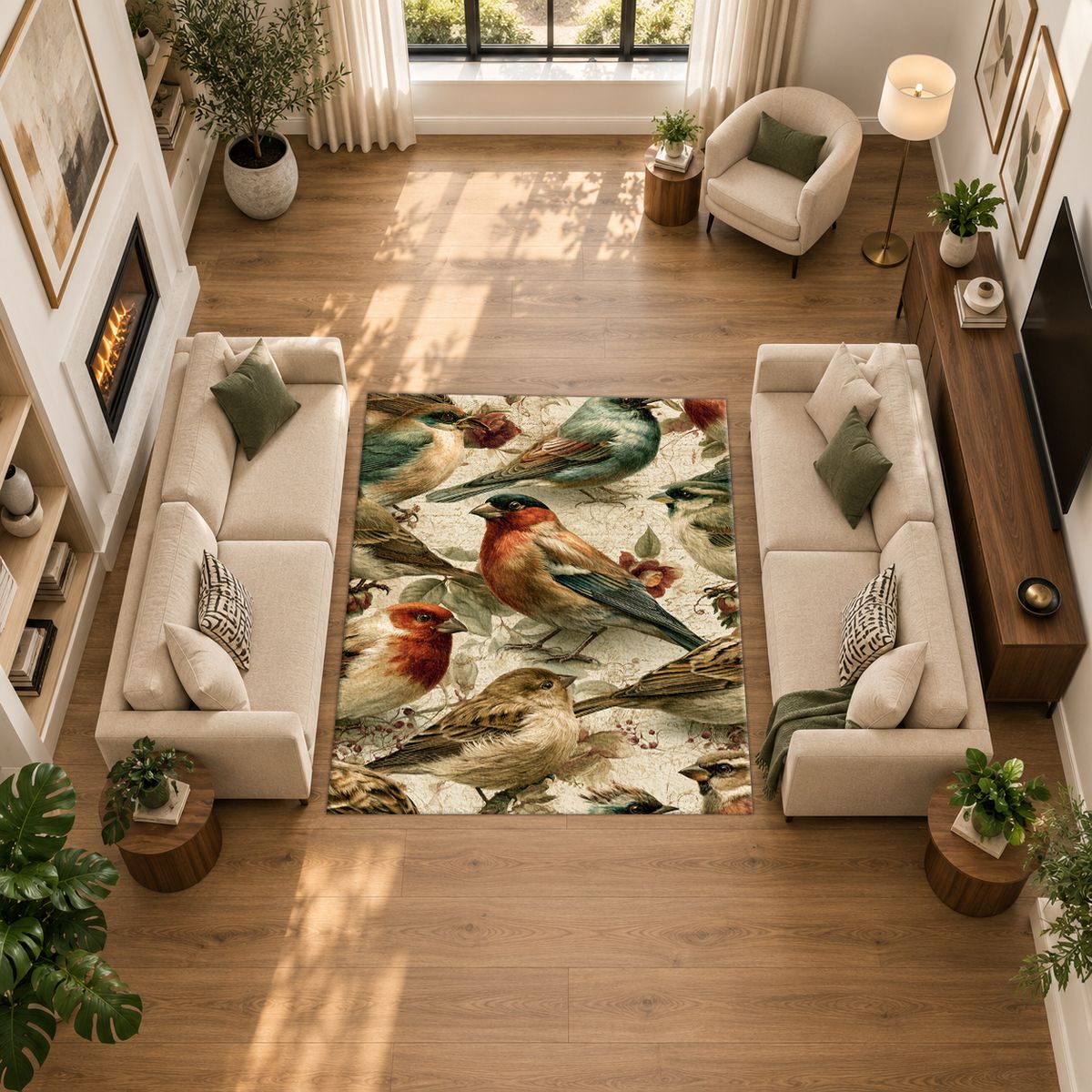 Cream Vintage Songbird Pattern printed area rug