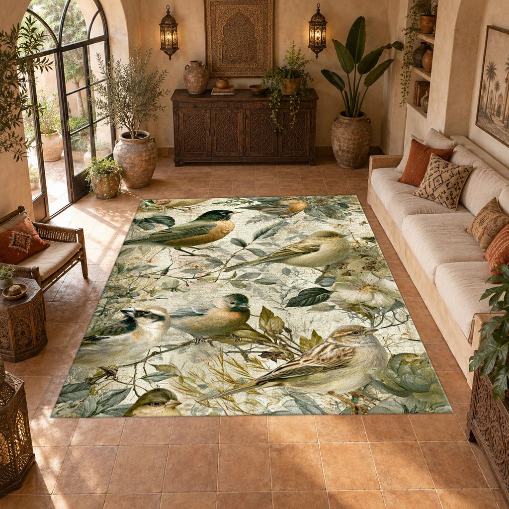 Pale Garden Birds Botanical printed area rug