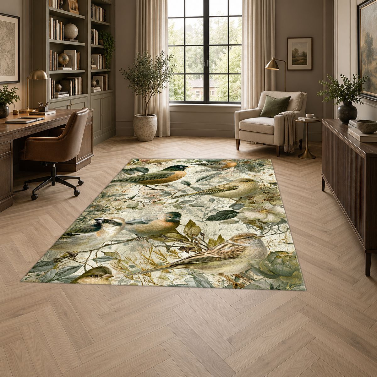 Pale Garden Birds Botanical printed area rug