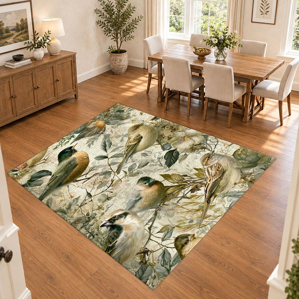 Pale Garden Birds Botanical printed area rug
