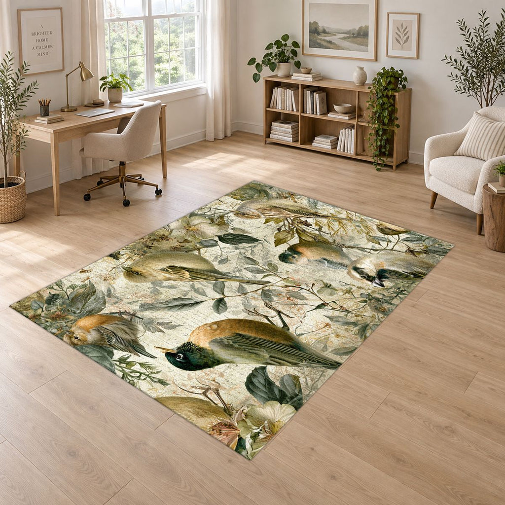 Pale Garden Birds Botanical printed area rug