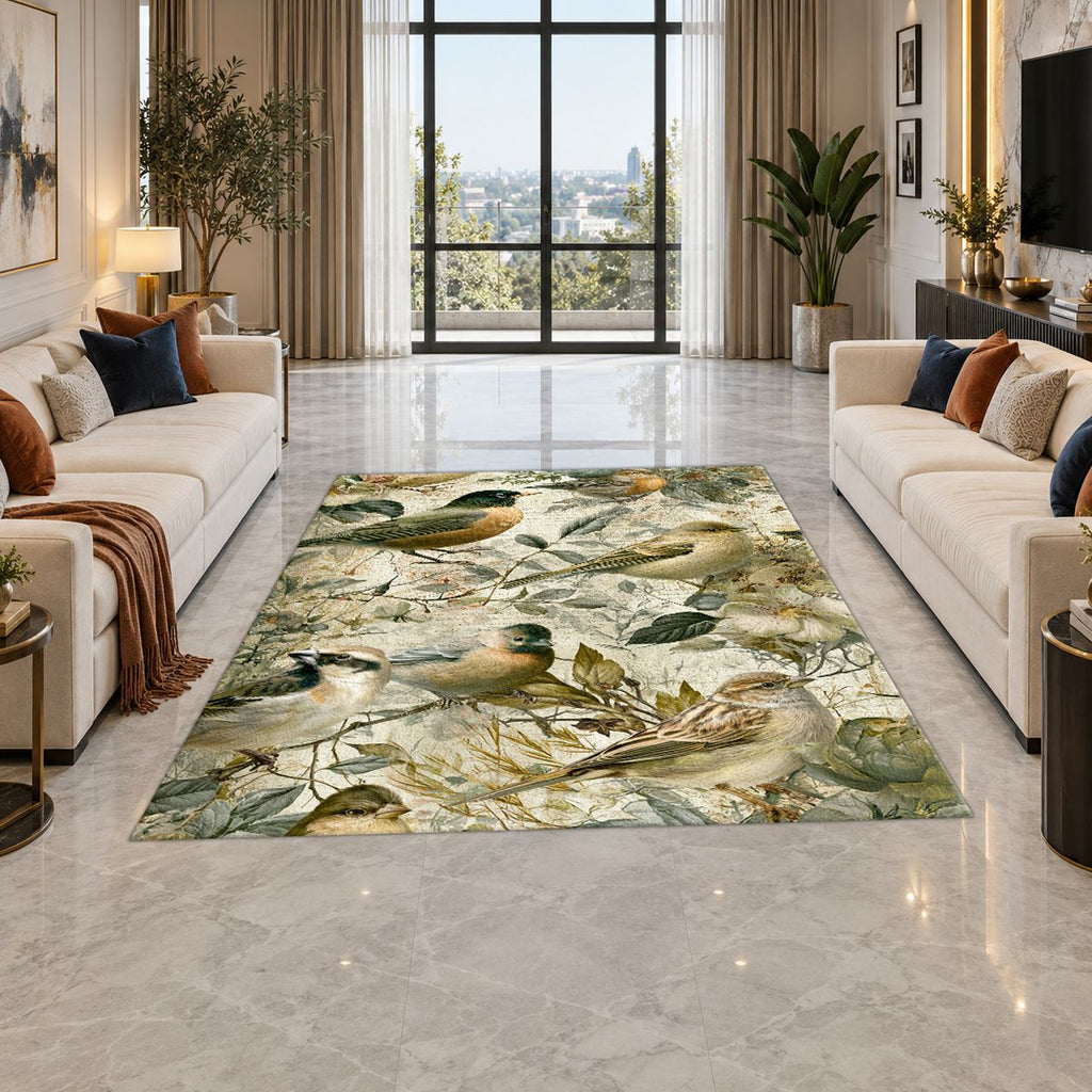 Pale Garden Birds Botanical printed area rug