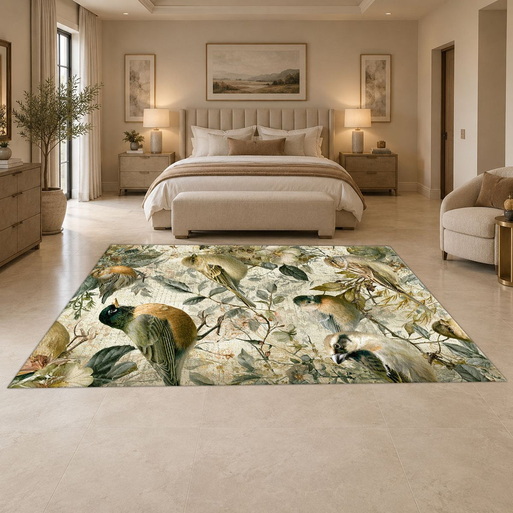 Pale Garden Birds Botanical printed area rug