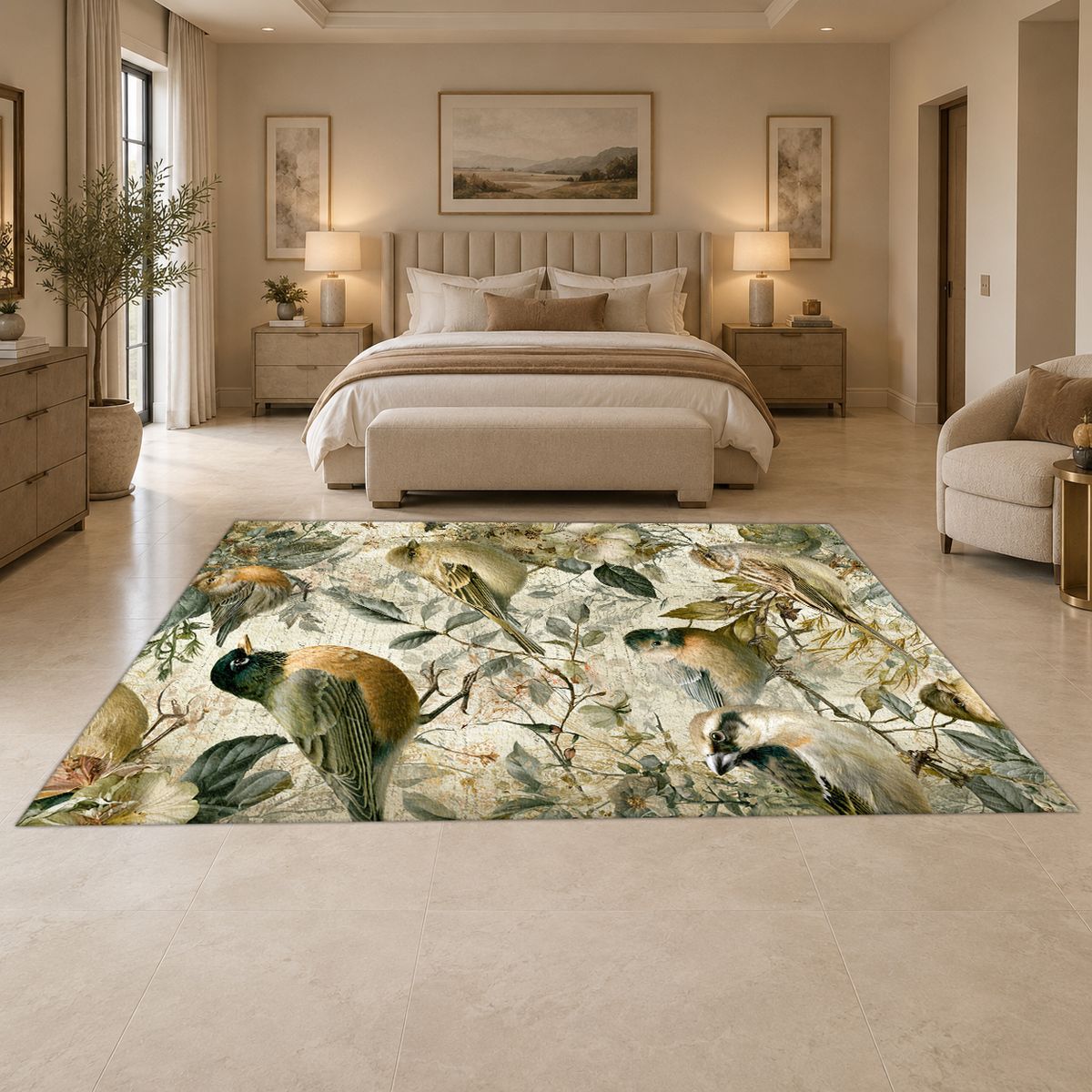 Pale Garden Birds Botanical printed area rug