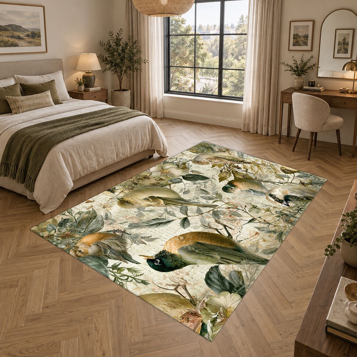 Pale Garden Birds Botanical printed area rug