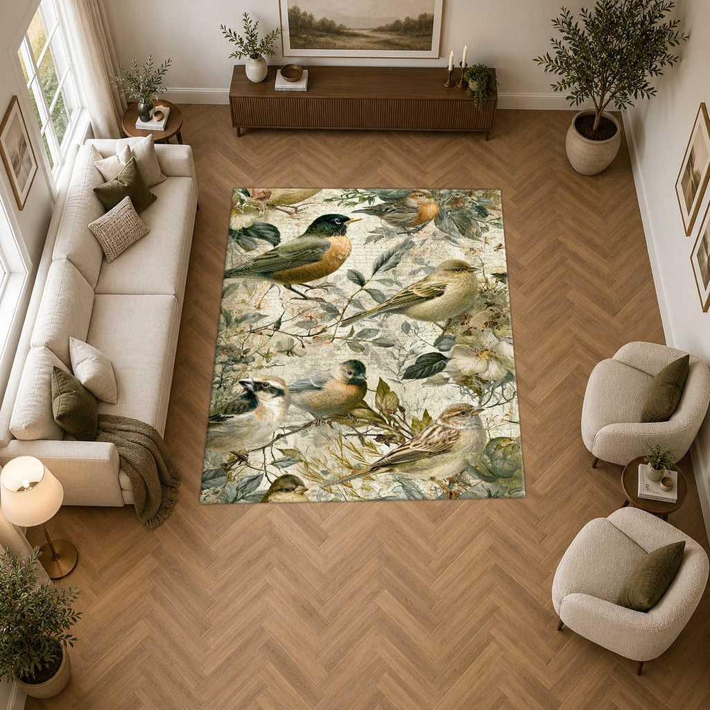 Pale Garden Birds Botanical printed area rug