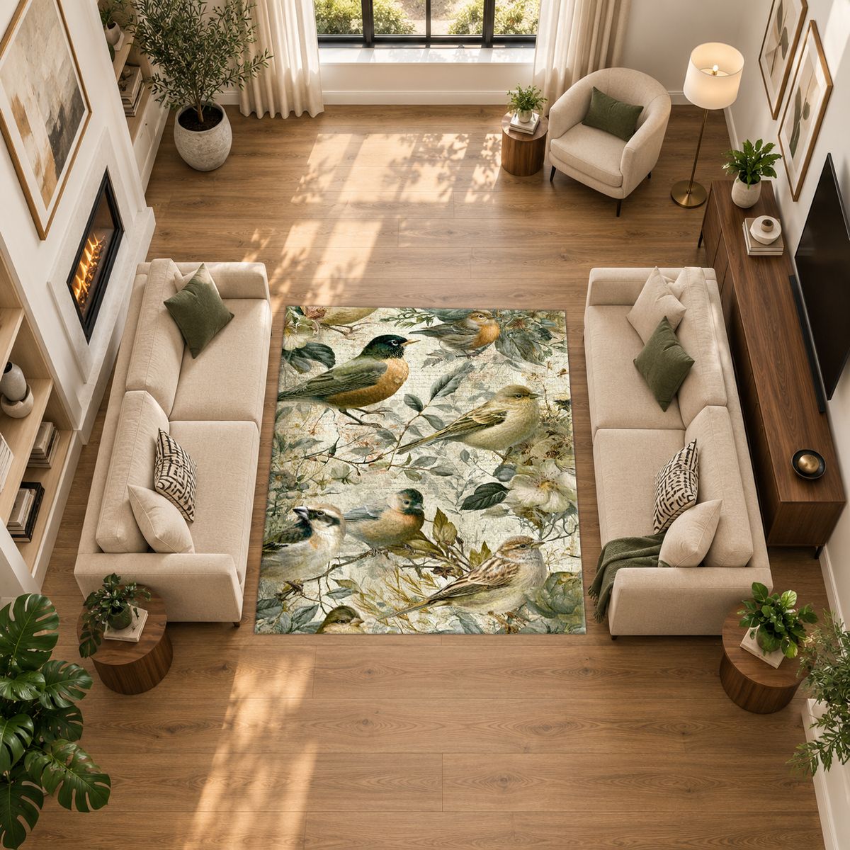 Pale Garden Birds Botanical printed area rug