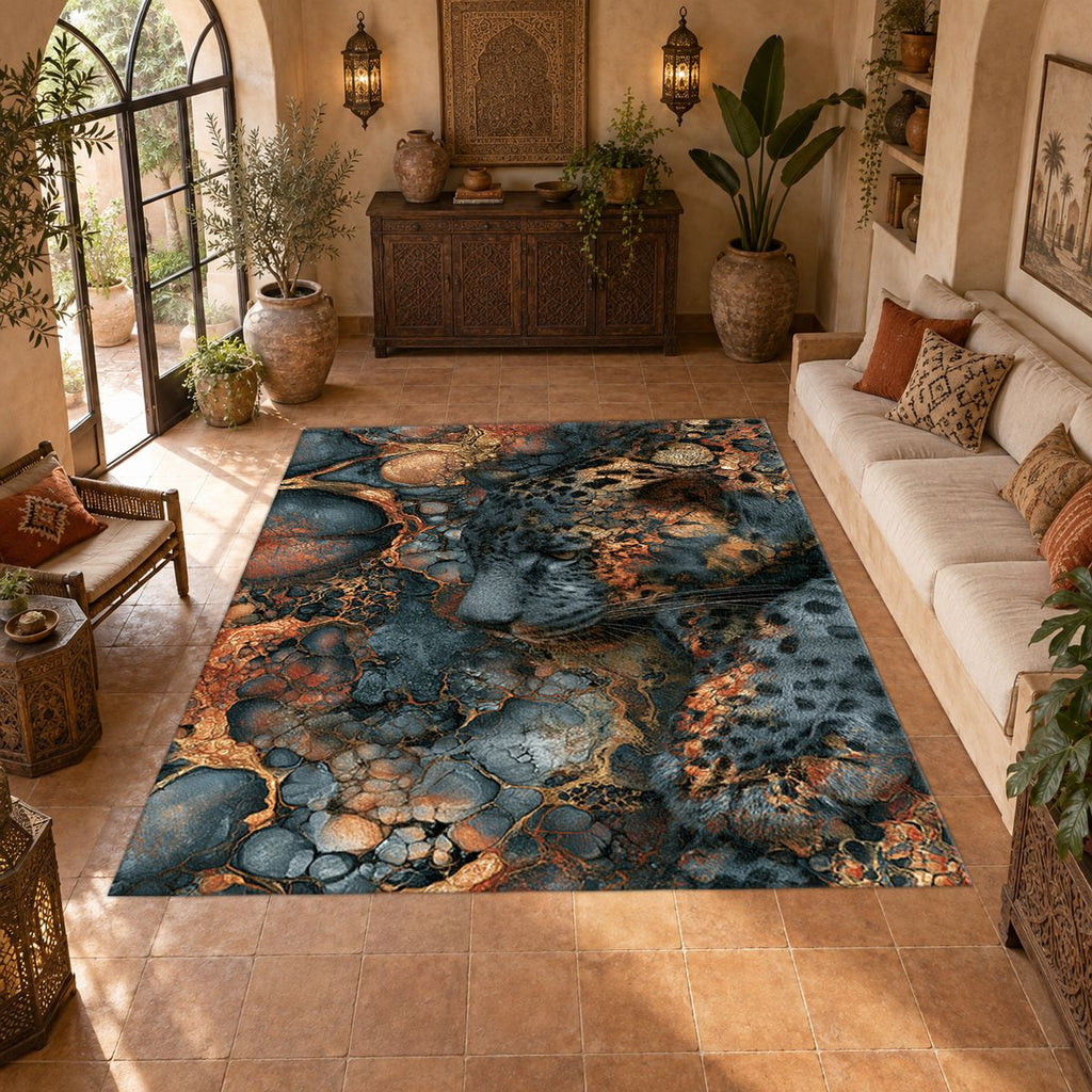 Navy and Copper Abstract Leopard printed area rug
