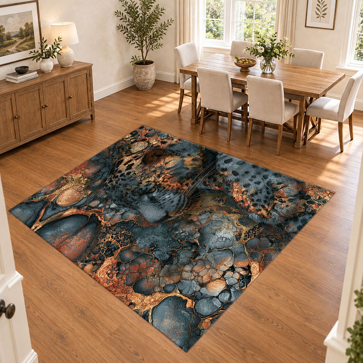 Navy and Copper Abstract Leopard printed area rug