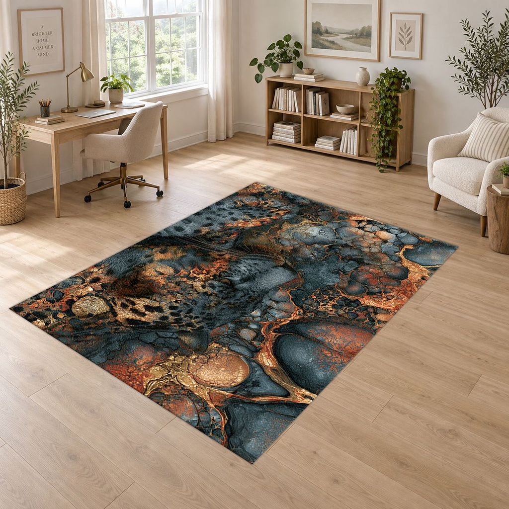 Navy and Copper Abstract Leopard printed area rug