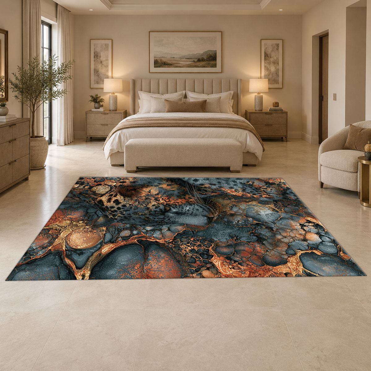 Navy and Copper Abstract Leopard printed area rug