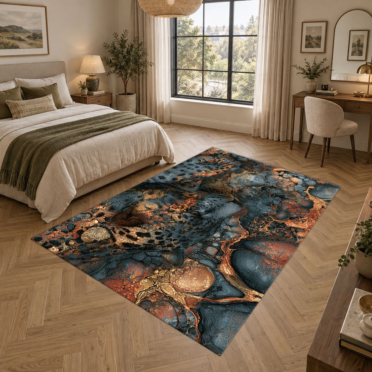 Navy and Copper Abstract Leopard printed area rug