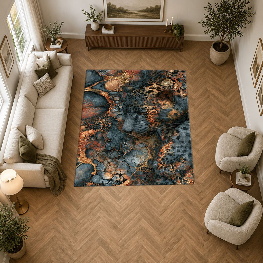 Navy and Copper Abstract Leopard printed area rug