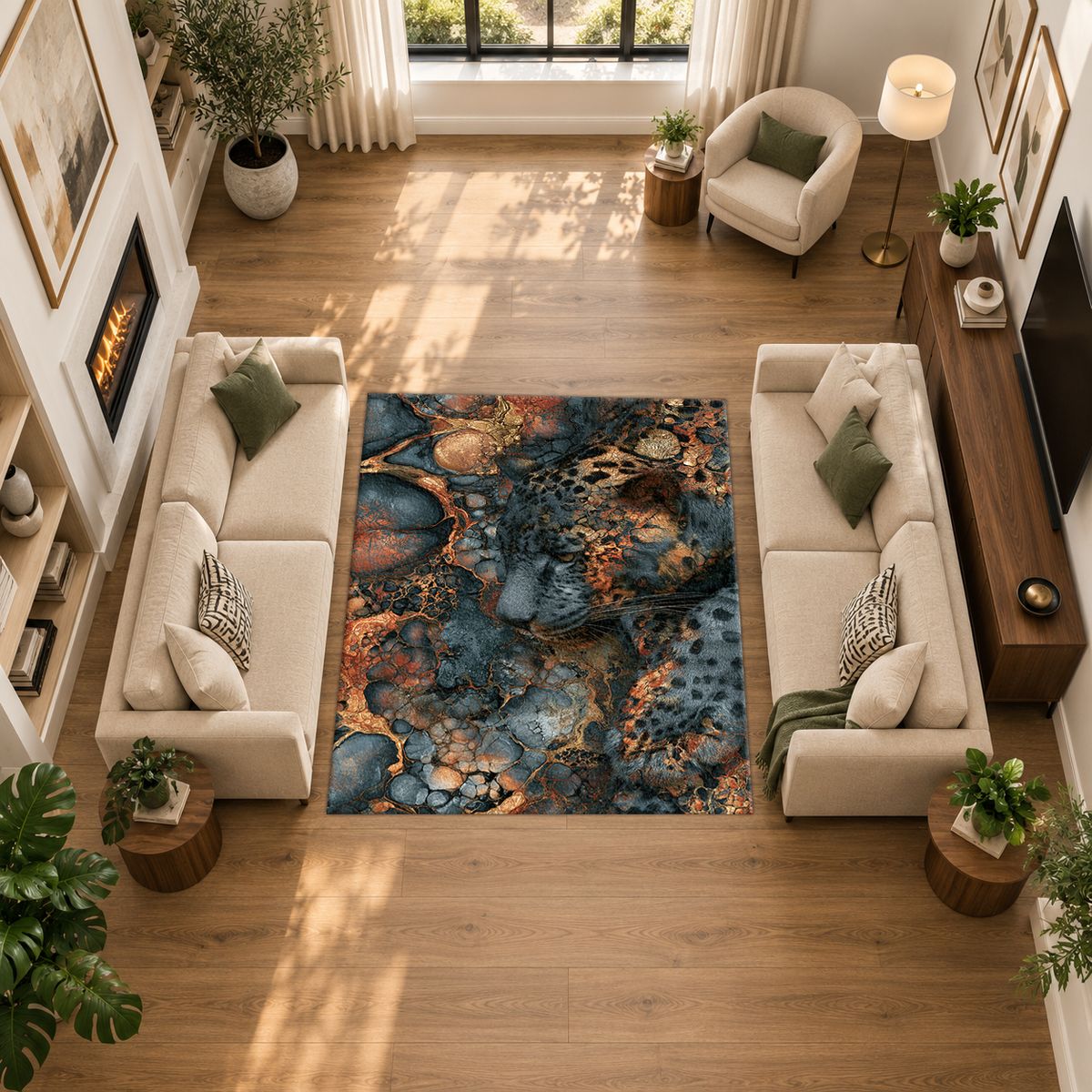 Navy and Copper Abstract Leopard printed area rug