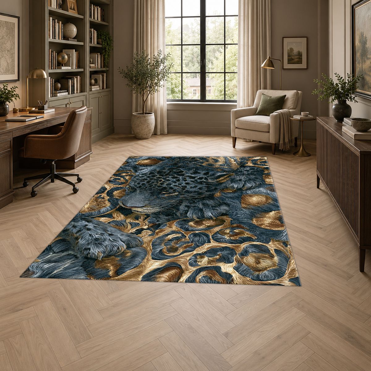 Navy Leopard and Gold Baroque printed area rug