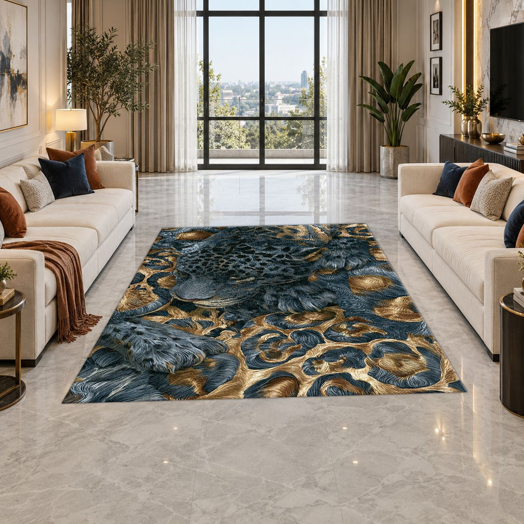 Navy Leopard and Gold Baroque printed area rug
