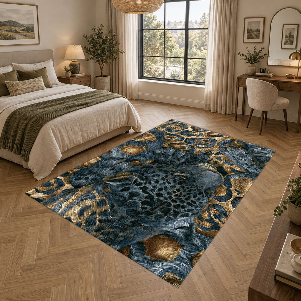 Navy Leopard and Gold Baroque printed area rug