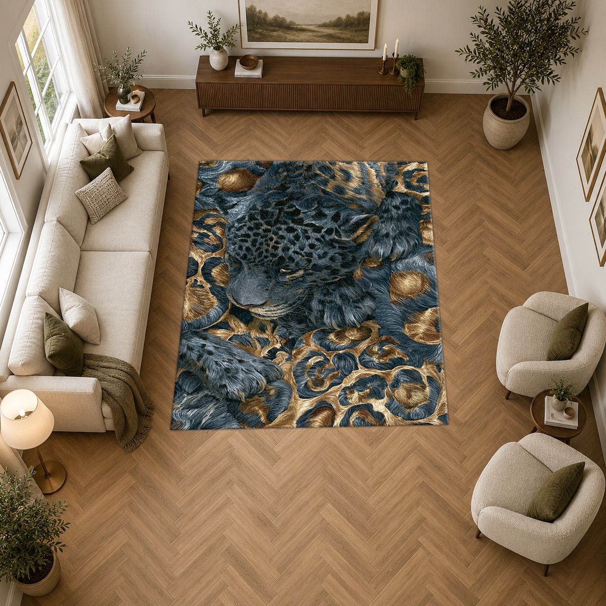 Navy Leopard and Gold Baroque printed area rug