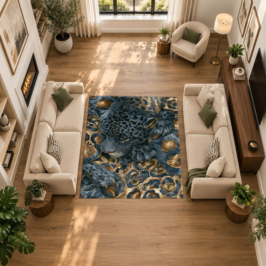 Navy Leopard and Gold Baroque printed area rug