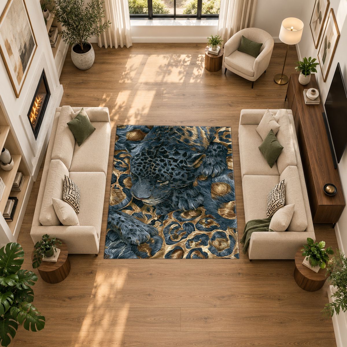 Navy Leopard and Gold Baroque printed area rug