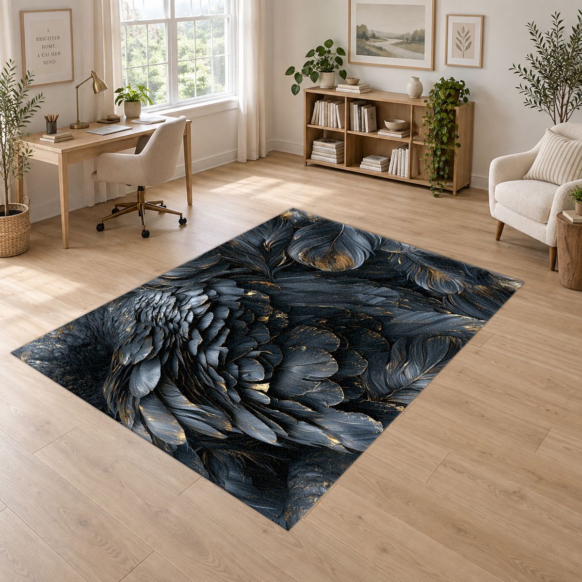 Dark Navy Feather Texture printed area rug