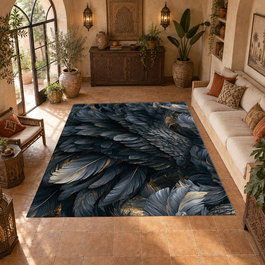 Midnight Raven Feathers printed area rug