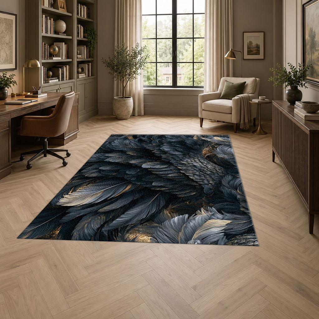 Midnight Raven Feathers printed area rug