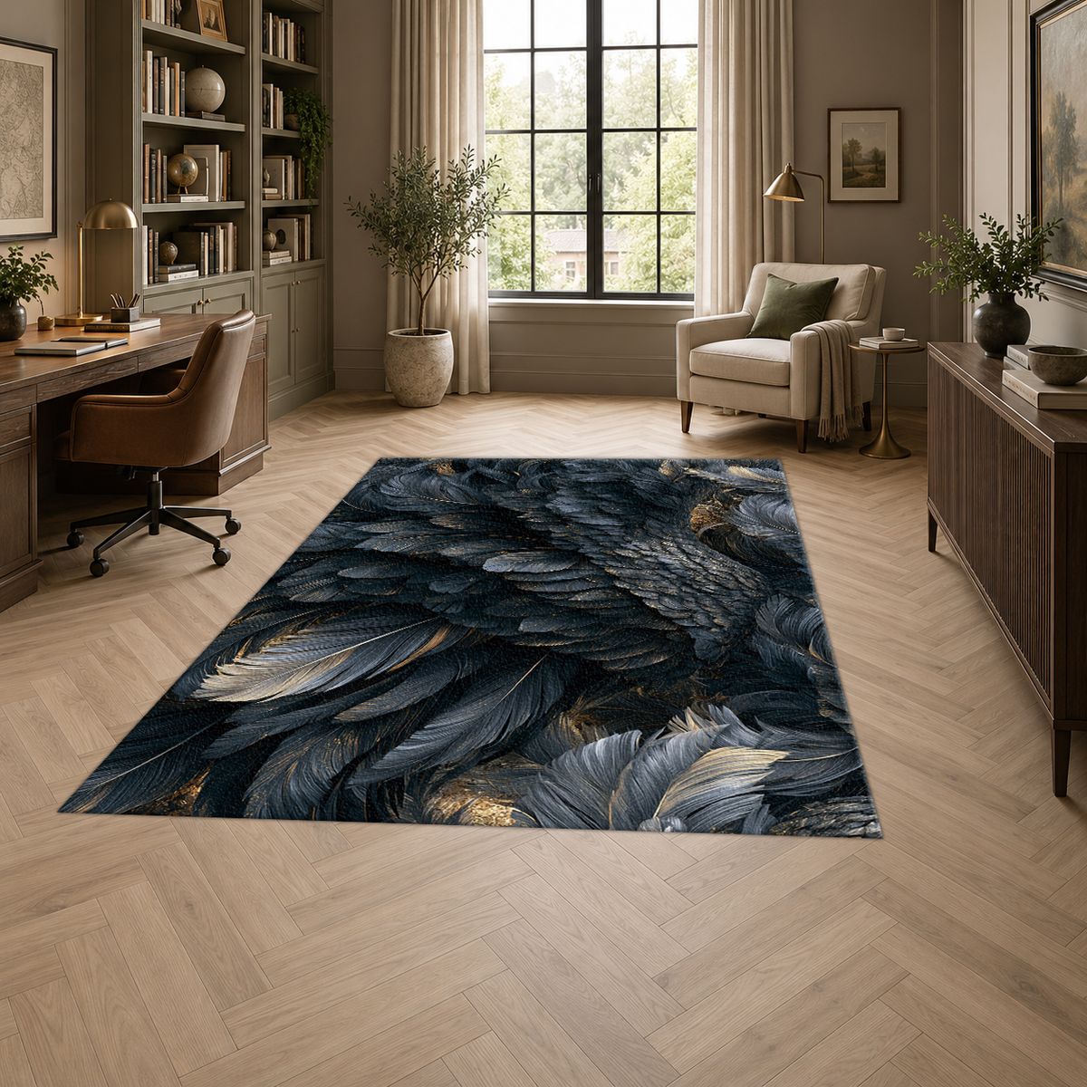 Midnight Raven Feathers printed area rug