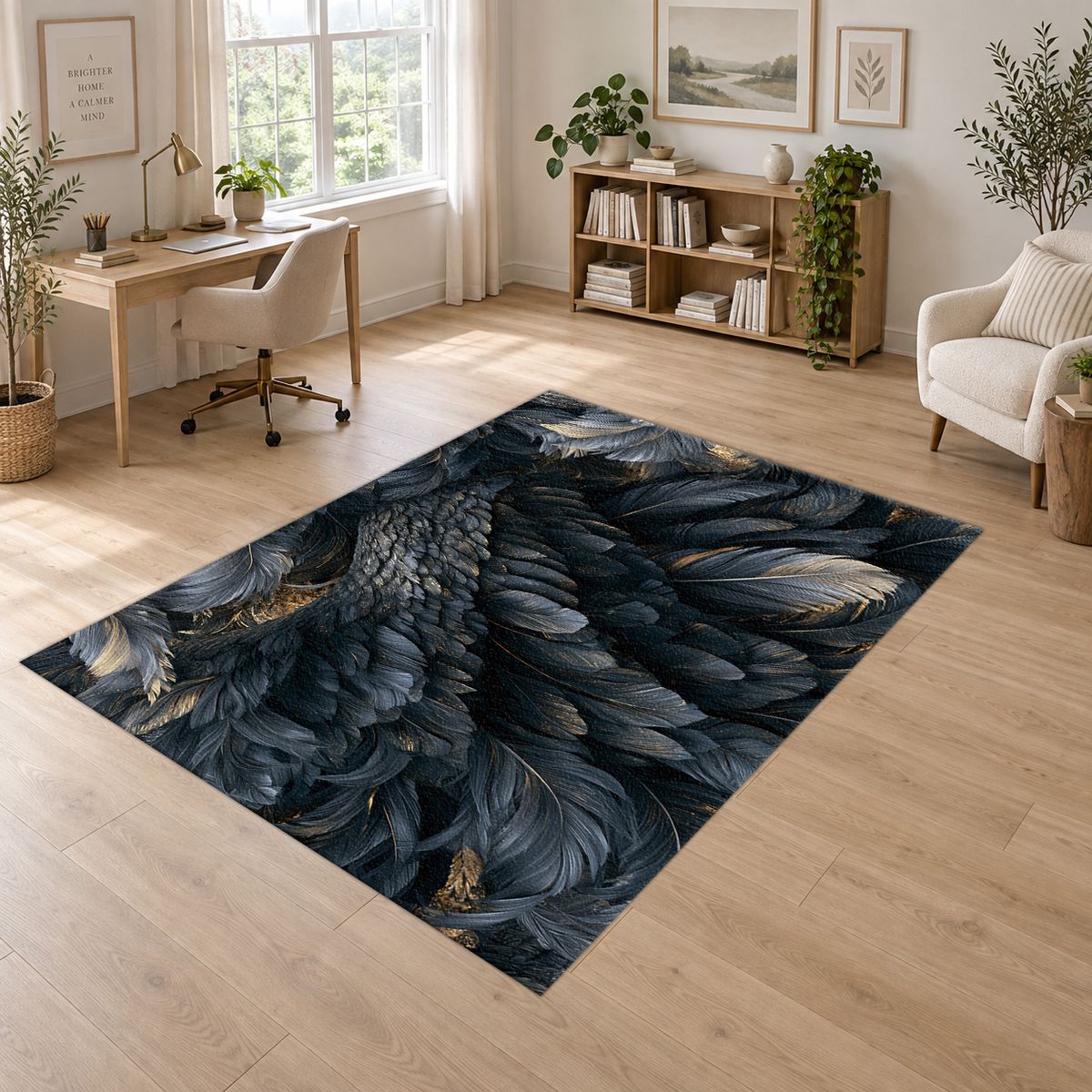 Midnight Raven Feathers printed area rug
