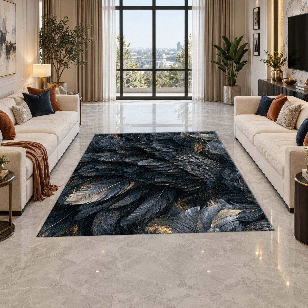 Midnight Raven Feathers printed area rug