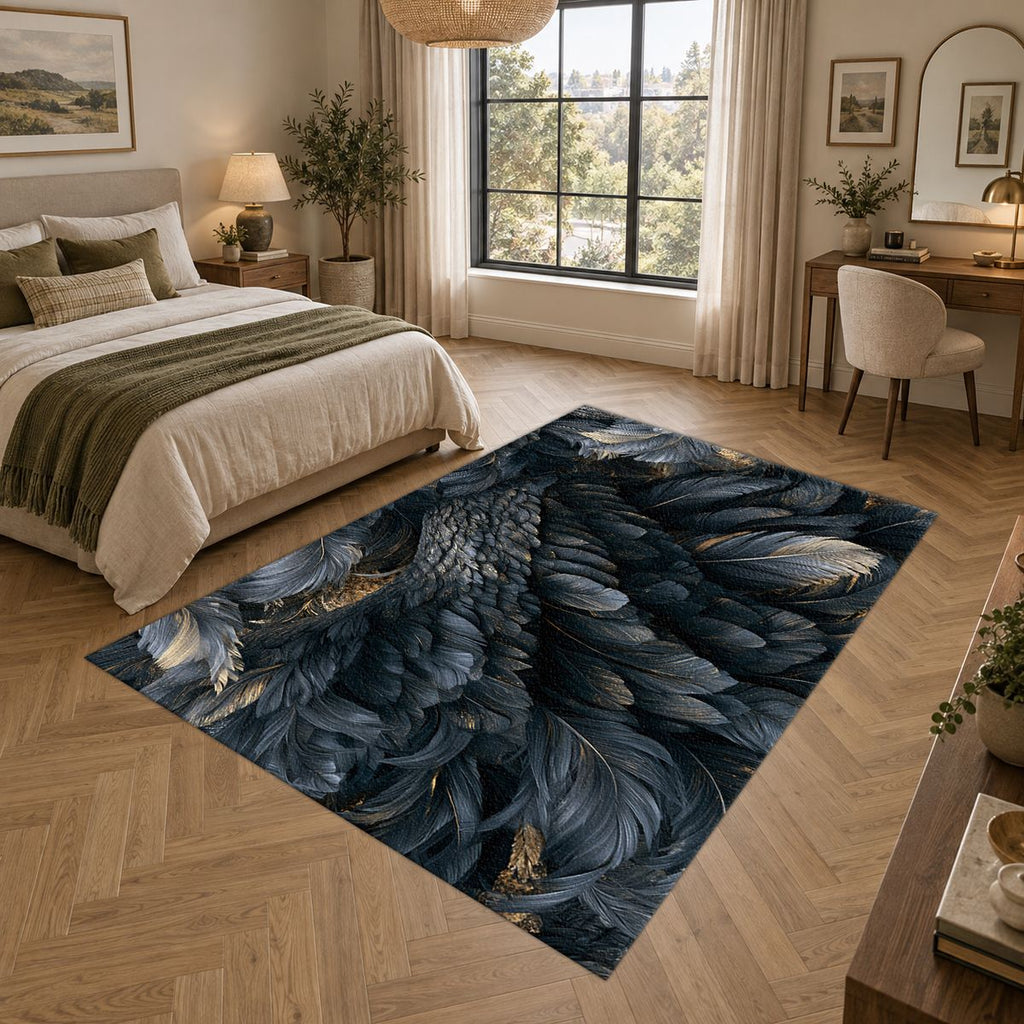Midnight Raven Feathers printed area rug
