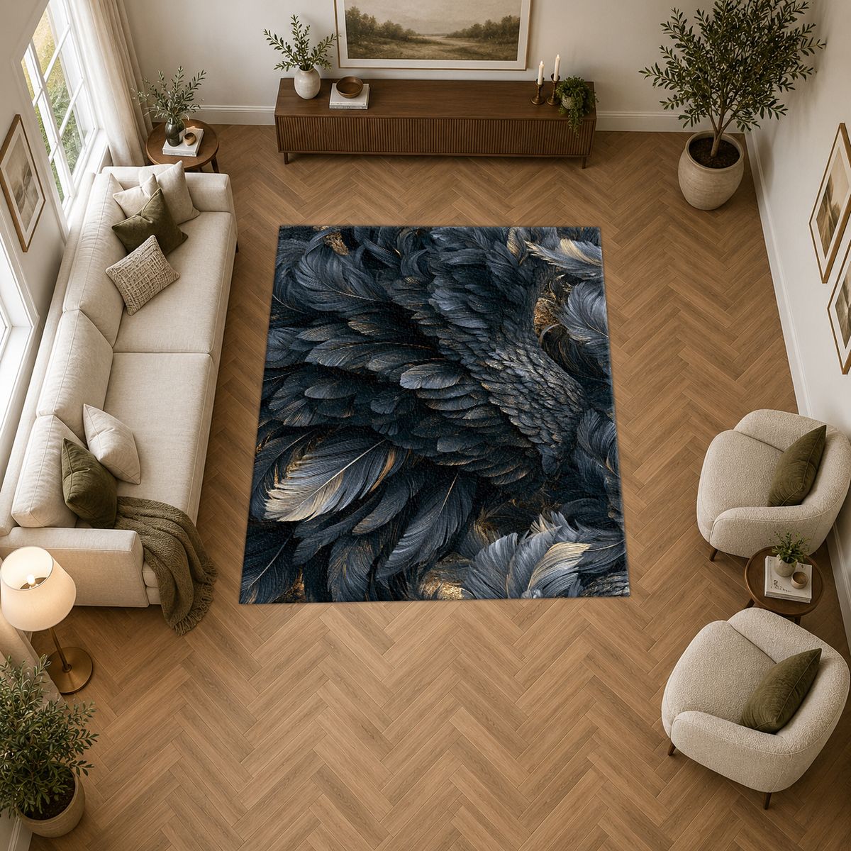 Midnight Raven Feathers printed area rug