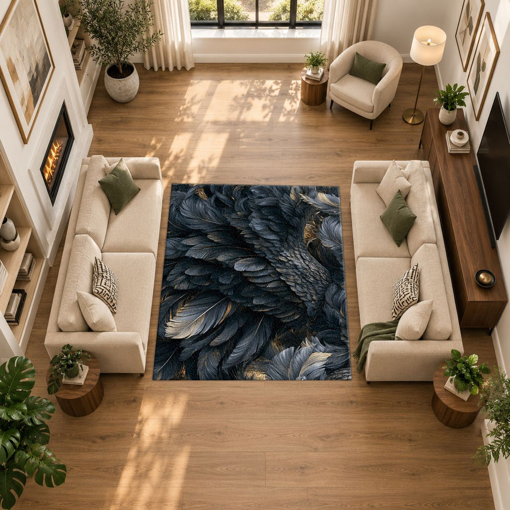 Midnight Raven Feathers printed area rug