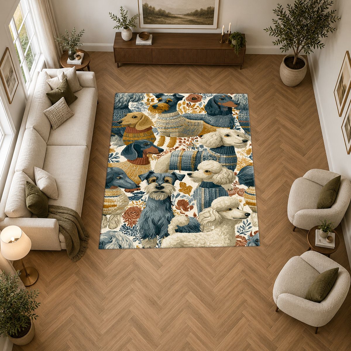 Cozy Dogs in Sweaters Pattern printed area rug