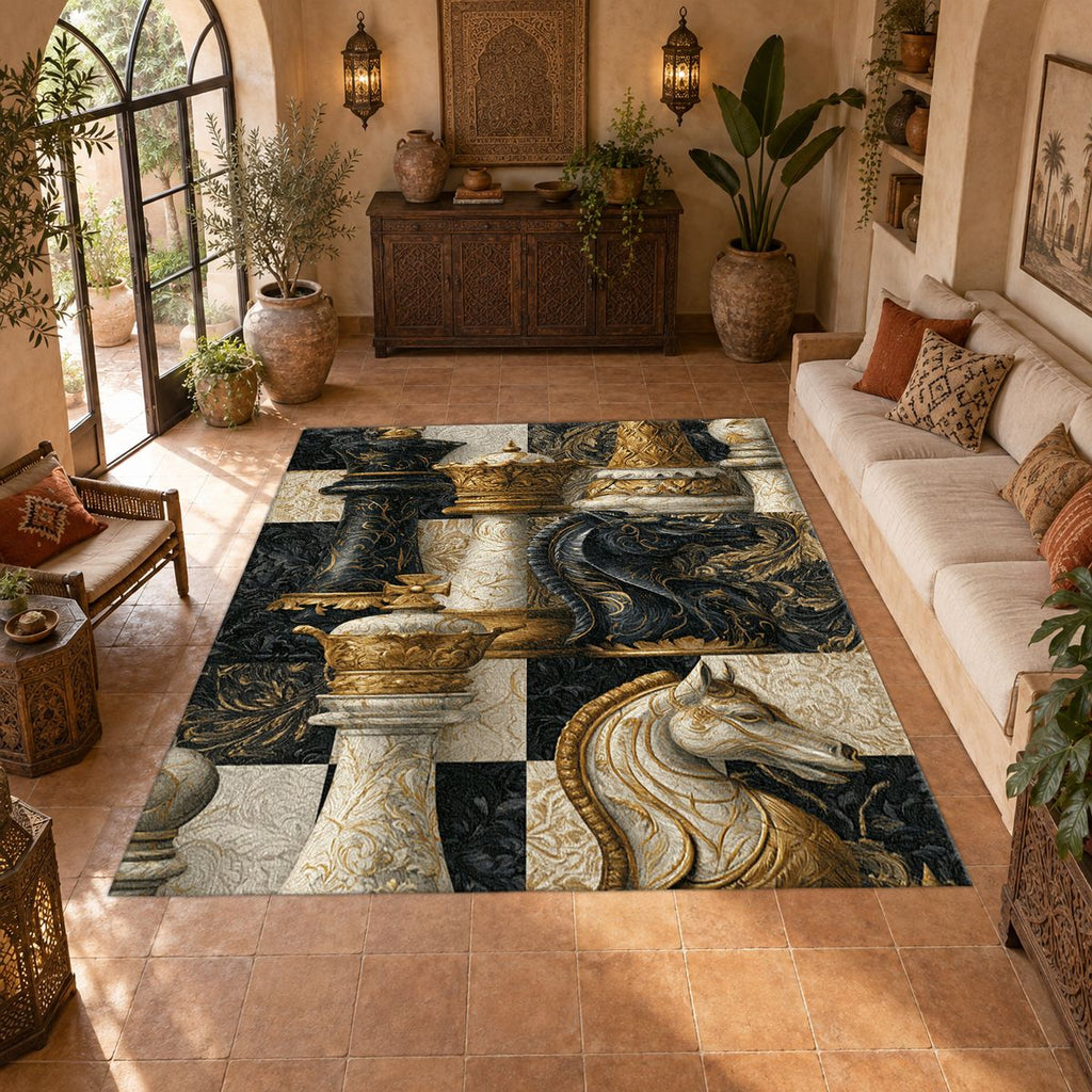 Black and Gold Chess Pieces printed area rug