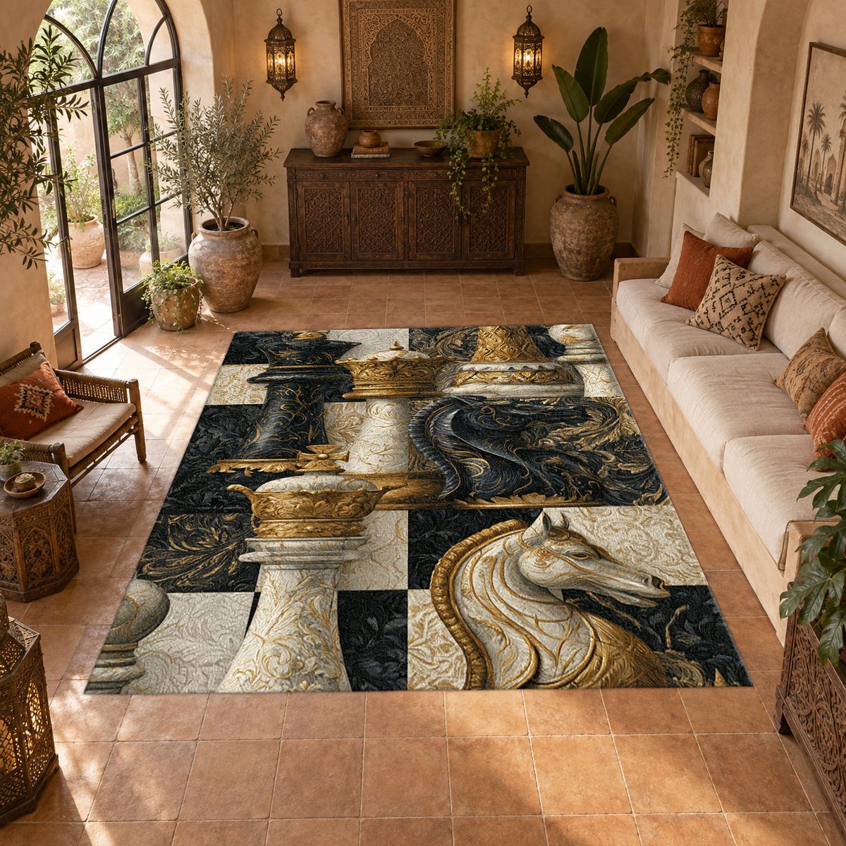 Black and Gold Chess Pieces printed area rug