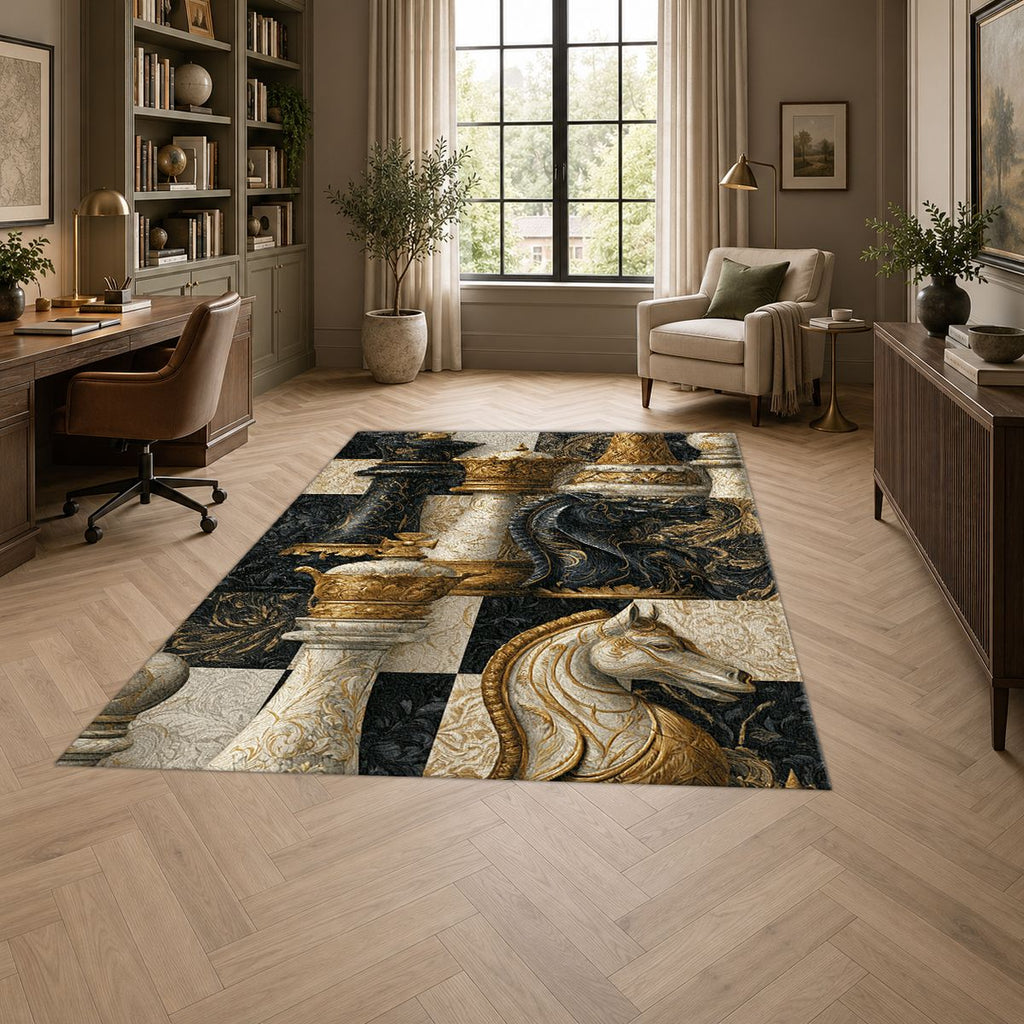 Black and Gold Chess Pieces printed area rug