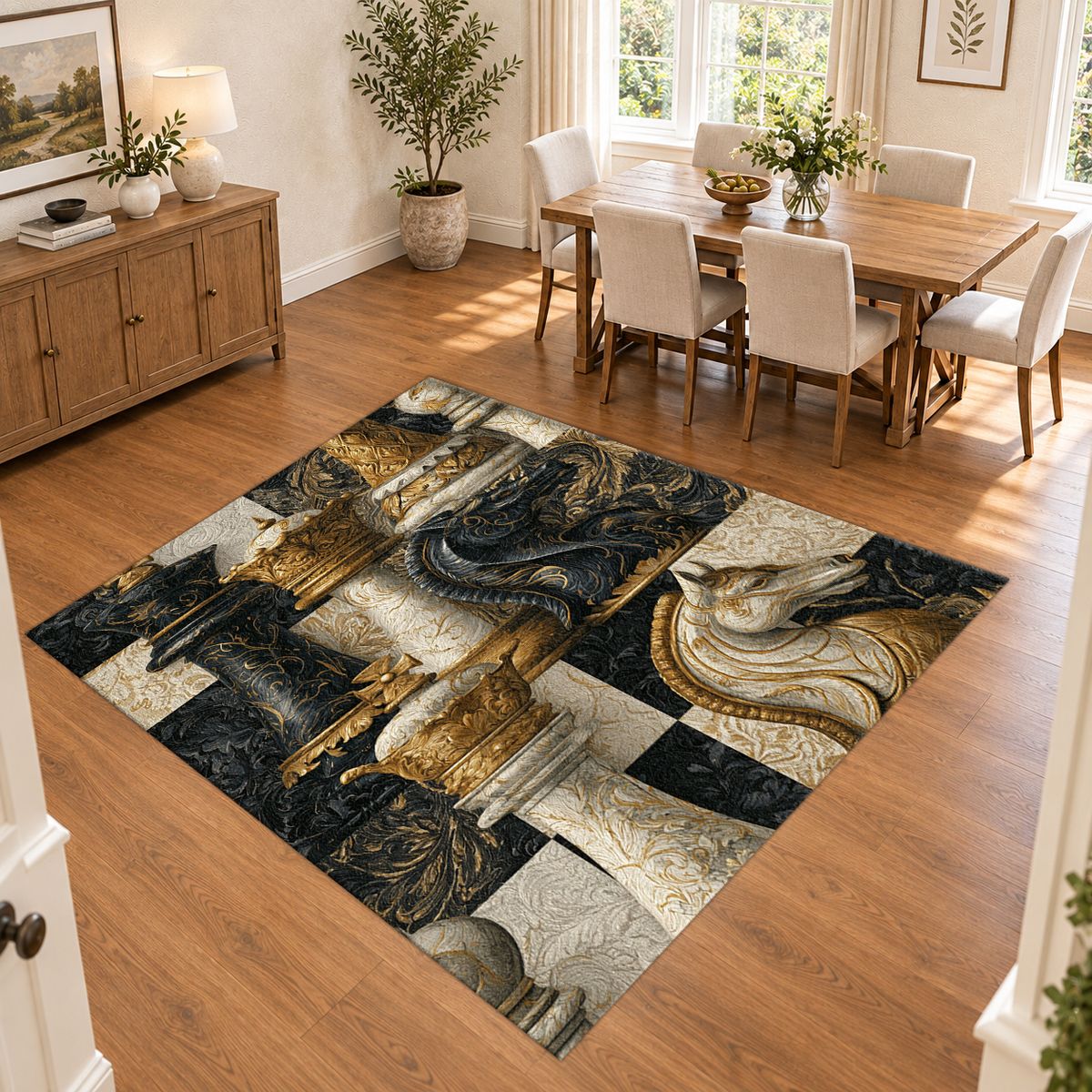 Black and Gold Chess Pieces printed area rug
