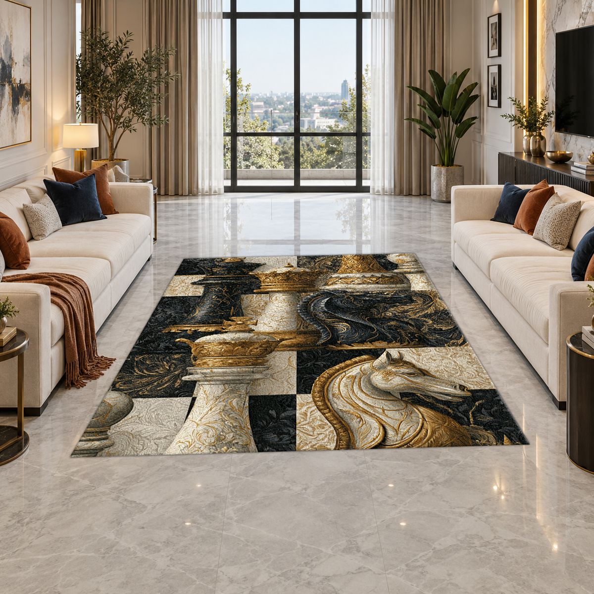 Black and Gold Chess Pieces printed area rug