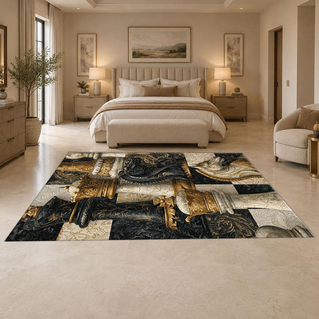 Black and Gold Chess Pieces printed area rug