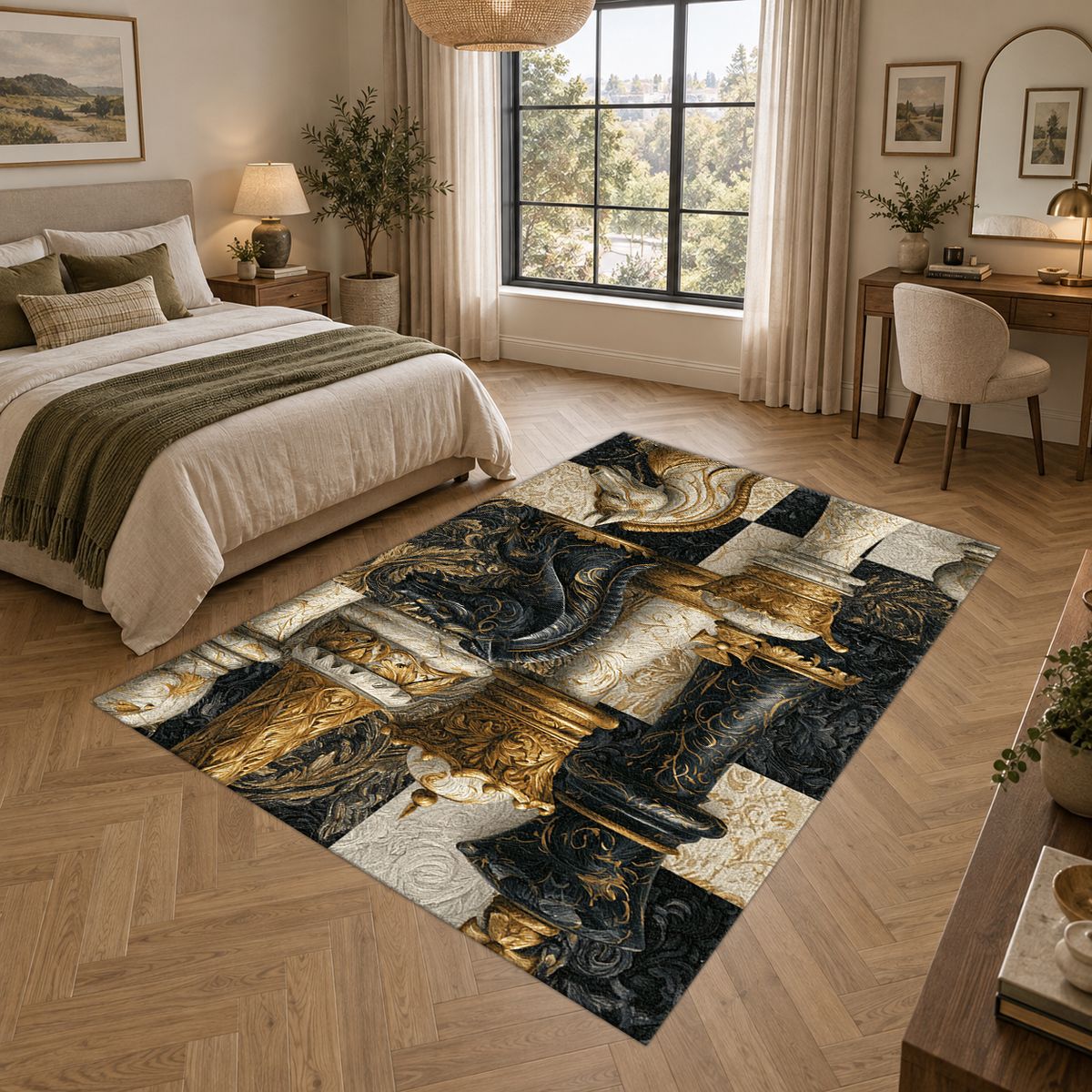 Black and Gold Chess Pieces printed area rug