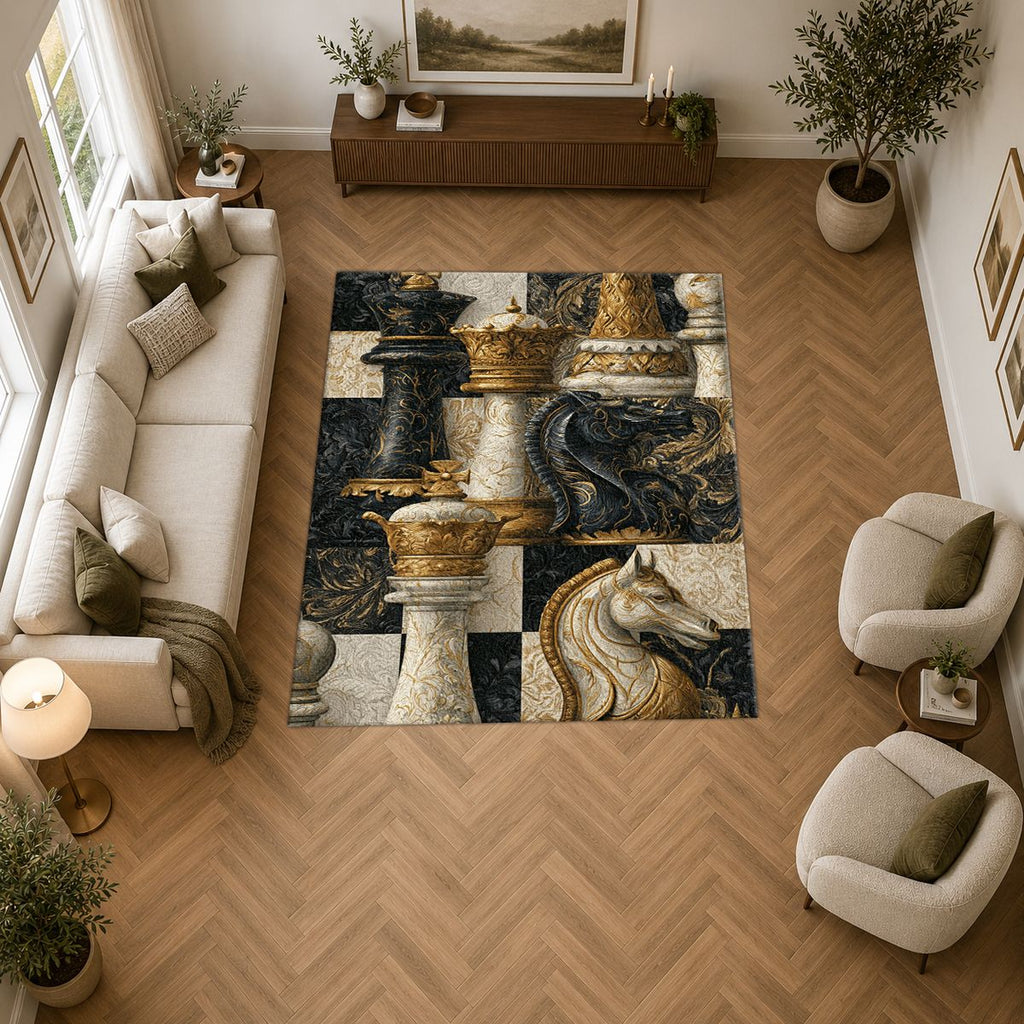 Black and Gold Chess Pieces printed area rug