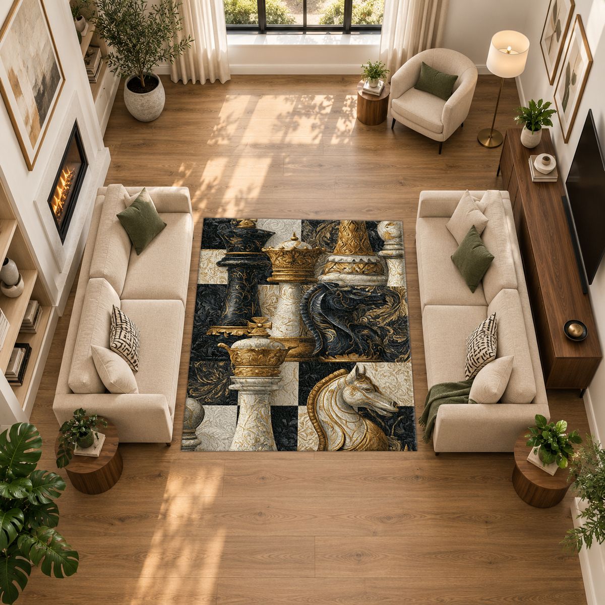 Black and Gold Chess Pieces printed area rug