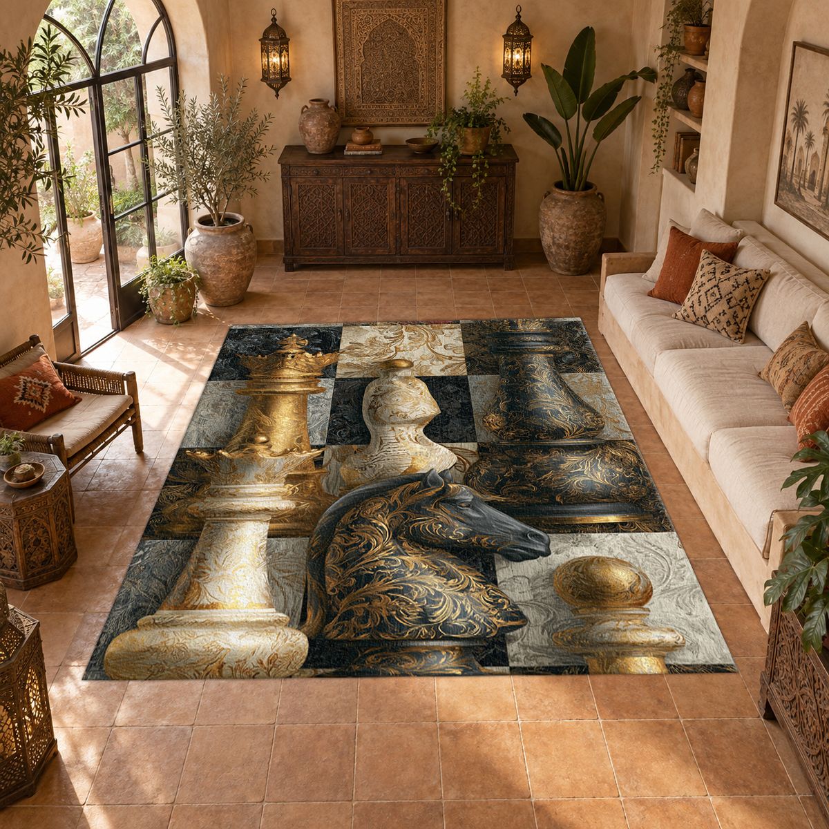 Gold Chess Board Collage printed area rug