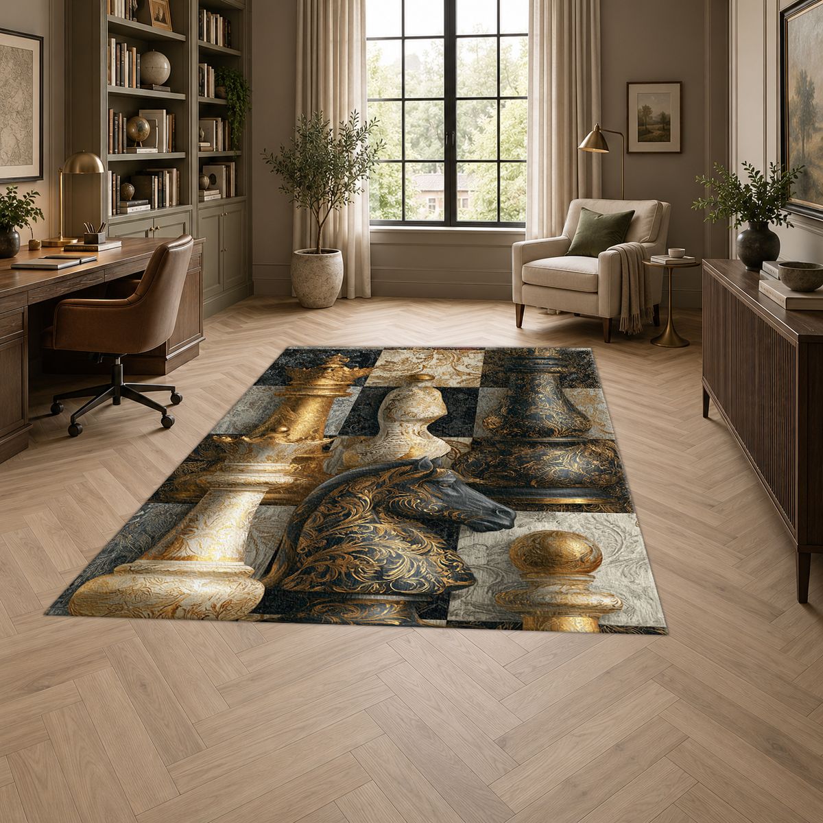 Gold Chess Board Collage printed area rug