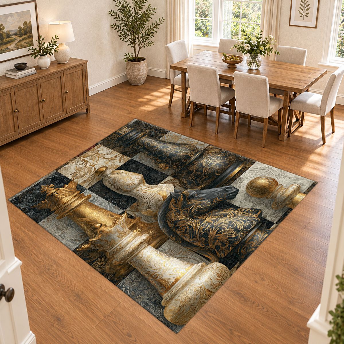 Gold Chess Board Collage printed area rug
