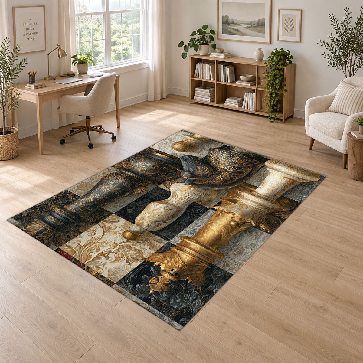 Gold Chess Board Collage printed area rug