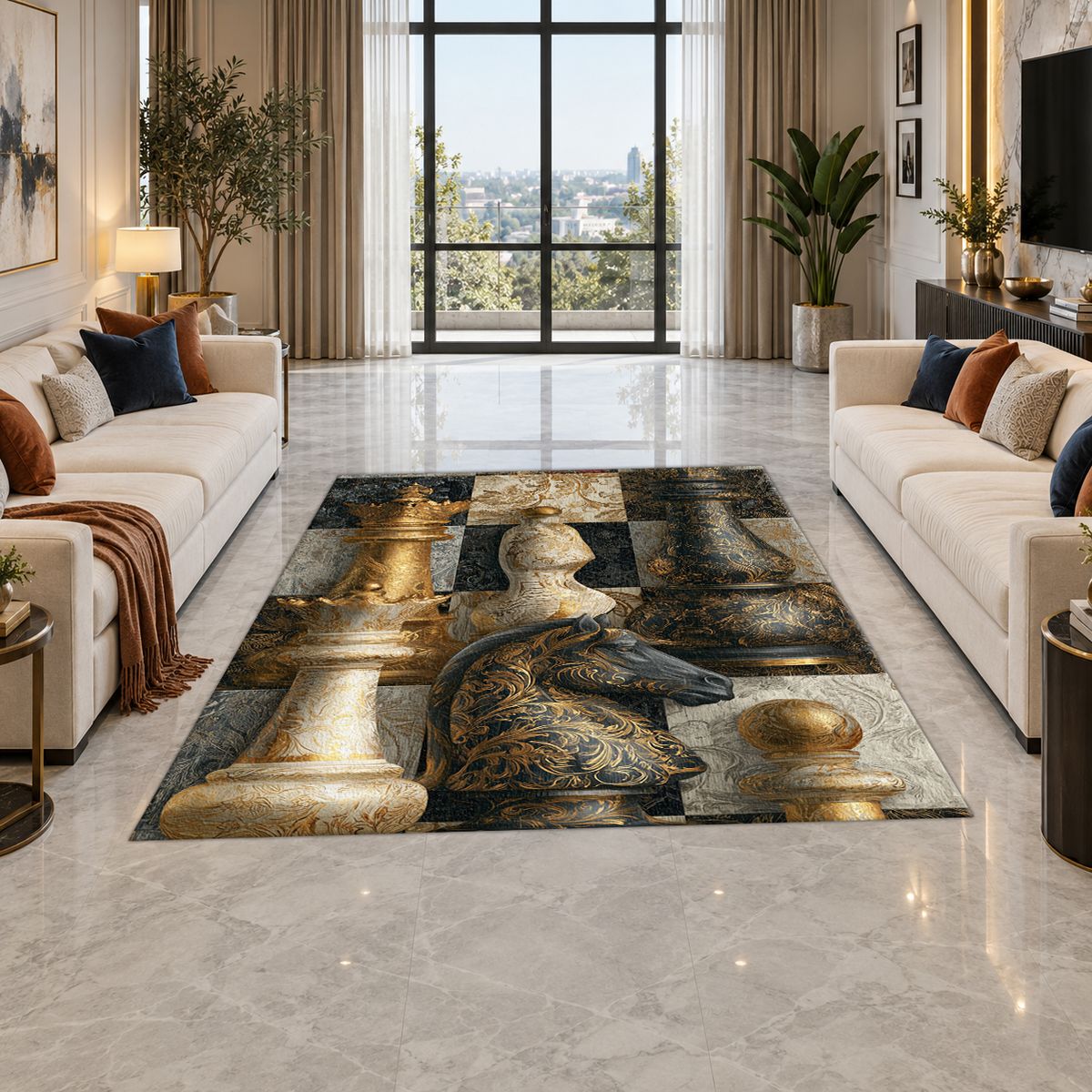 Gold Chess Board Collage printed area rug