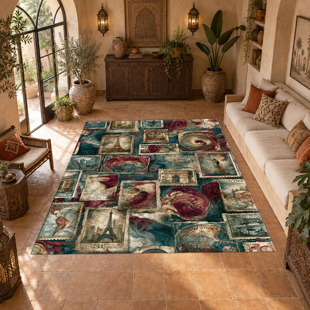 Vintage Travel Postage Stamps printed area rug
